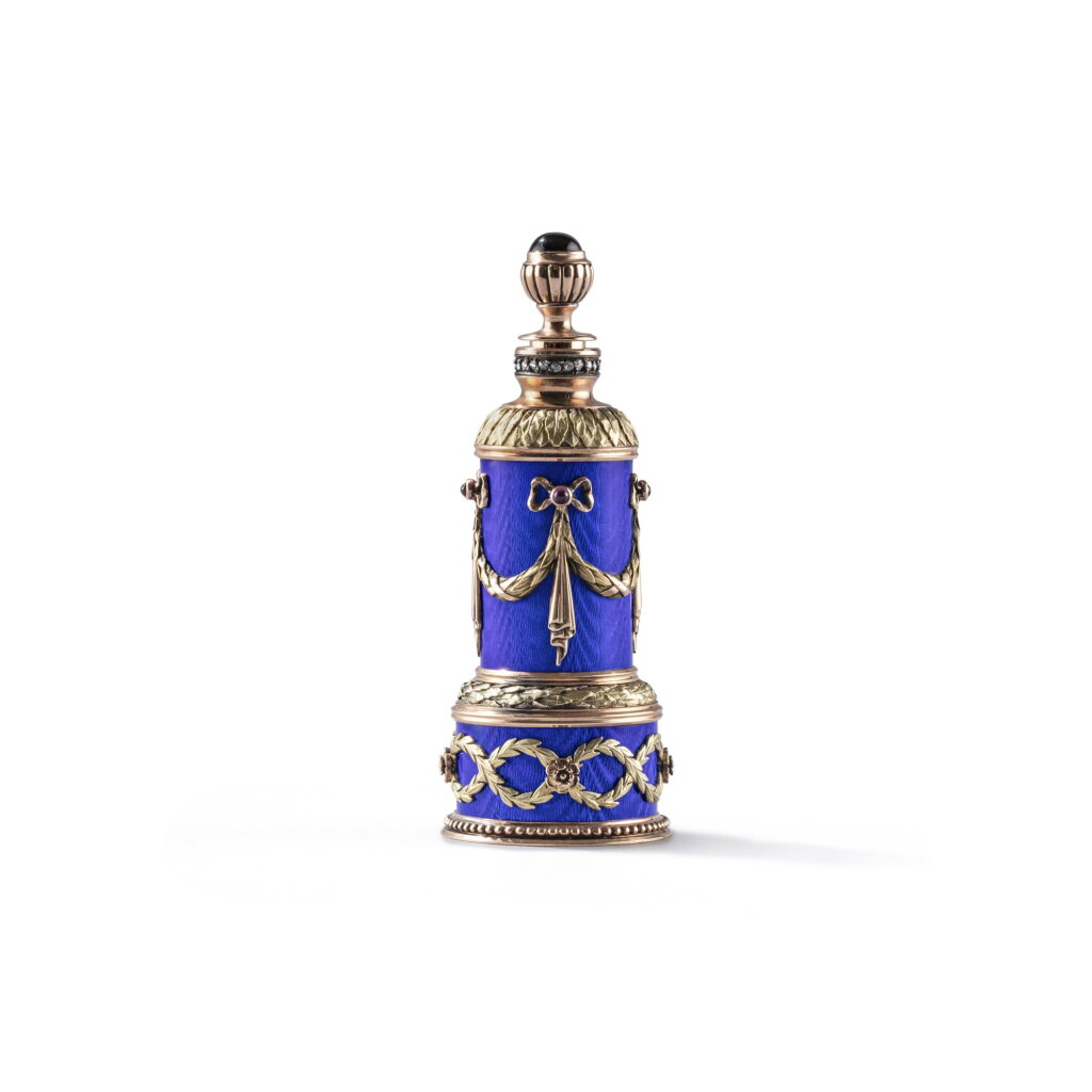 View full screen - View 1 of Lot 722. A jewelled gold-mounted guilloché enamel gum pot in the style of Fabergé, 20th century.
