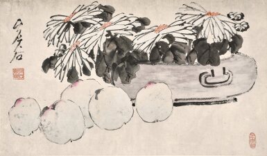 View full screen - View 1 of Lot 120. Xu Gu, Chrysanthemums and Peaches of Longevity | 虛谷 菊壽延年.