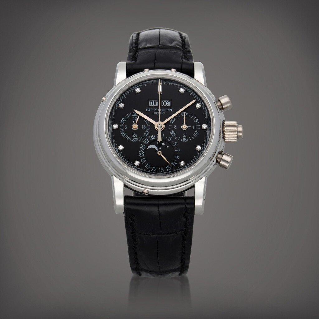 View full screen - View 1 of Lot 121. Reference 5004P-033 A platinum and diamond-set perpetual calendar split-seconds chronograph wristwatch with moon phases, 24 hours and leap year indication Circa 2007 | 百達翡麗 | 型號 5004P-033 鉑金鑲鑽石萬年曆追針計時腕錶備月相、24小時及閏年顯示,製作年份約 2007.