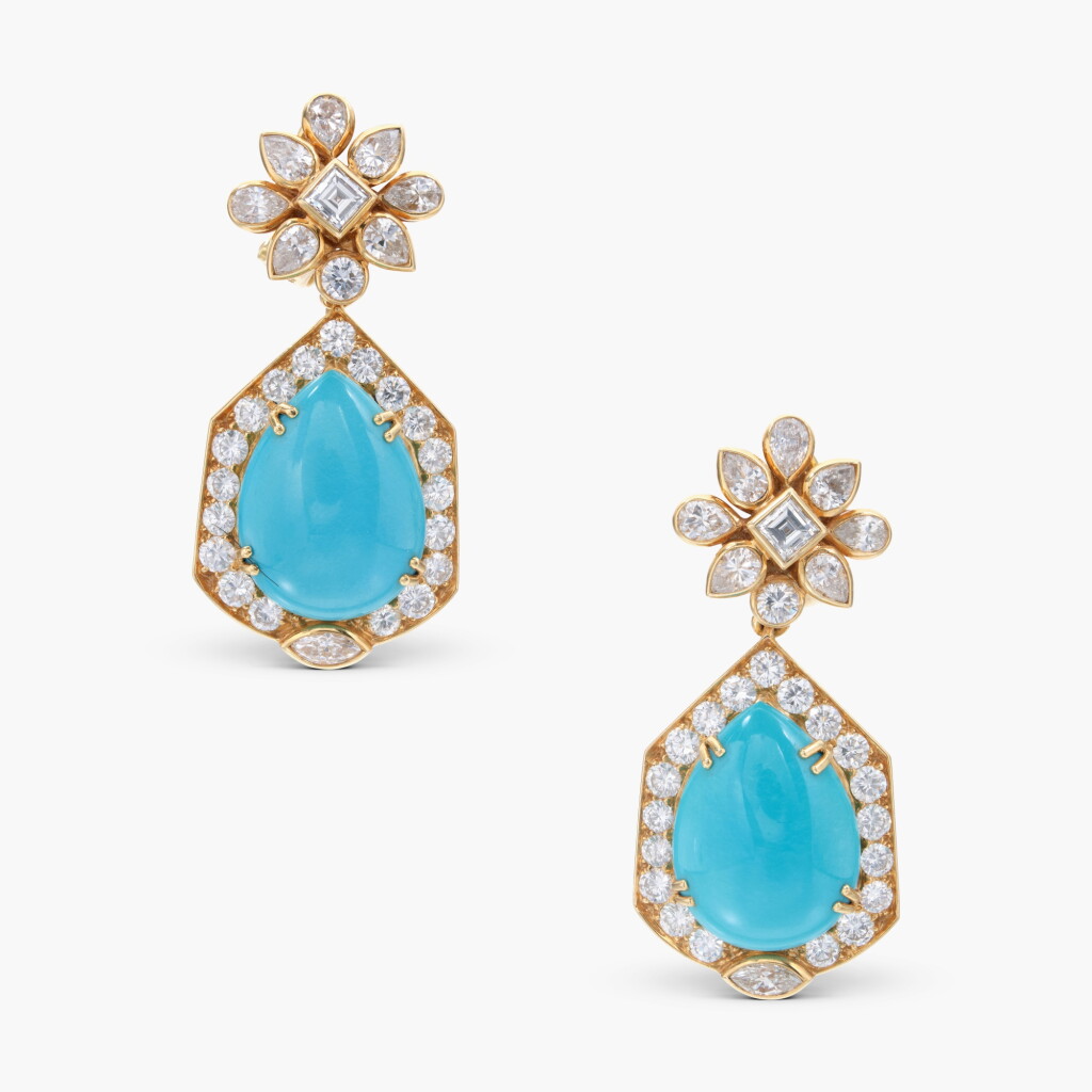 View full screen - View 1 of Lot 814. Pair of Turquoise and Diamond Pendent Earclips.