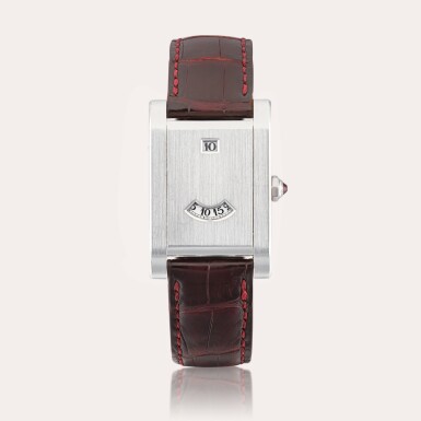 View full screen - View 1 of Lot 2149. Tank à Guichets, No. 80 | A limited edition platinum jumping hours wristwatch, Made to commemorate the 150th anniversary of Cartier, Circa 1997.
