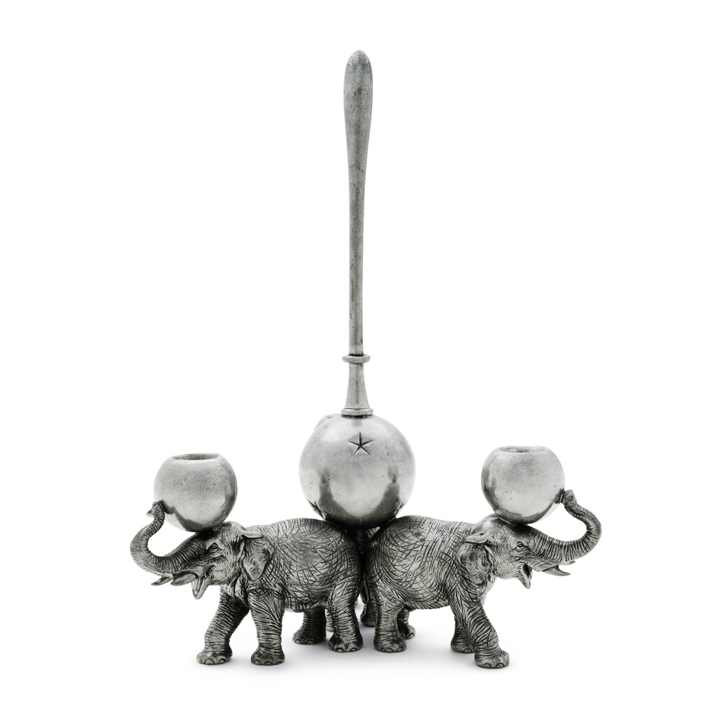 View full screen - View 1 of Lot 282. An Italian Pewter Elephant-Form Three-Light Candelabrum, Piero Figura per Atena, Milan, 20th Century.
