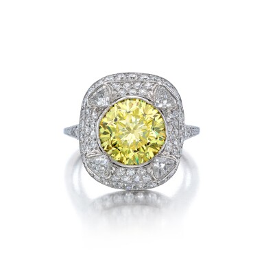 View full screen - View 1 of Lot 343. Fancy Vivid Yellow Diamond and Diamond Ring.