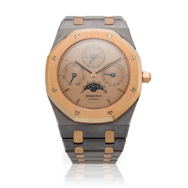 View full screen - View 1 of Lot 22. Reference 25820TR.O.0944TR.01 Royal Oak Perpetual Calendar | A tantalum and pink gold perpetual calendar wristwatch with moon phases and bracelet, Circa 1990 | 愛彼 25820TR.O.0944TR.01 型號 Royal Oak Perpetual Calendar | 鉭金屬及粉紅金萬年曆鍊帶腕錶備月相顯示,約1990年製.