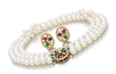 View full screen - View 1 of Lot 42. CULTURED PEARL, GEM SET AND DIAMOND DEMI-PARURE.