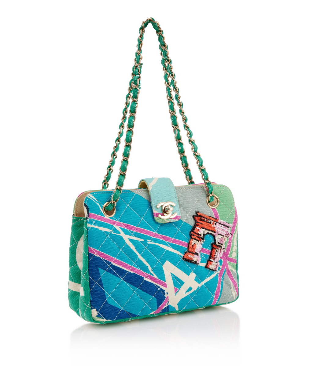 View full screen - View 1 of Lot 108. CHANEL | BLUE AND MULTICOLORED EMBELLISHED CANVAS SHOULDER BAG .