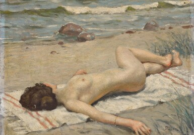 View full screen - View 1 of Lot 382. Sunbathing on the beach.