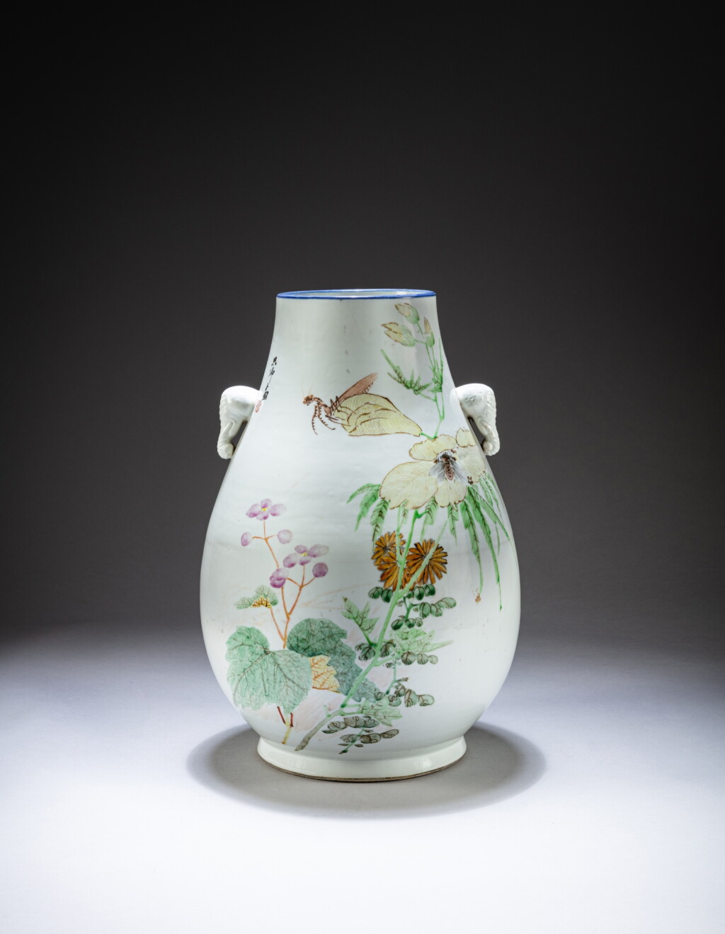 View full screen - View 1 of Lot 151. A 'qianjiang' school famille-rose vase (Hu), Late Qing dynasty - Republican period | 清末至民國 淺絳彩花蟲紋象耳壺.