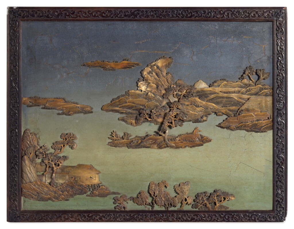 View full screen - View 1 of Lot 207. A buffalo-horn-inlaid 'landscape' panel, Qing dynasty, Qianlong period .