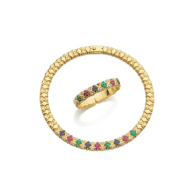 View full screen - View 1 of Lot 862. Gold, gem set and diamond demi-parure.