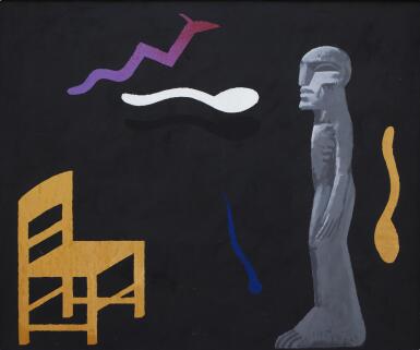 View full screen - View 1 of Lot 146. Graue Figur, Holzstuhl, Holzlöffel (Grey Figure, Wooden Chair, Wooden Spoon).