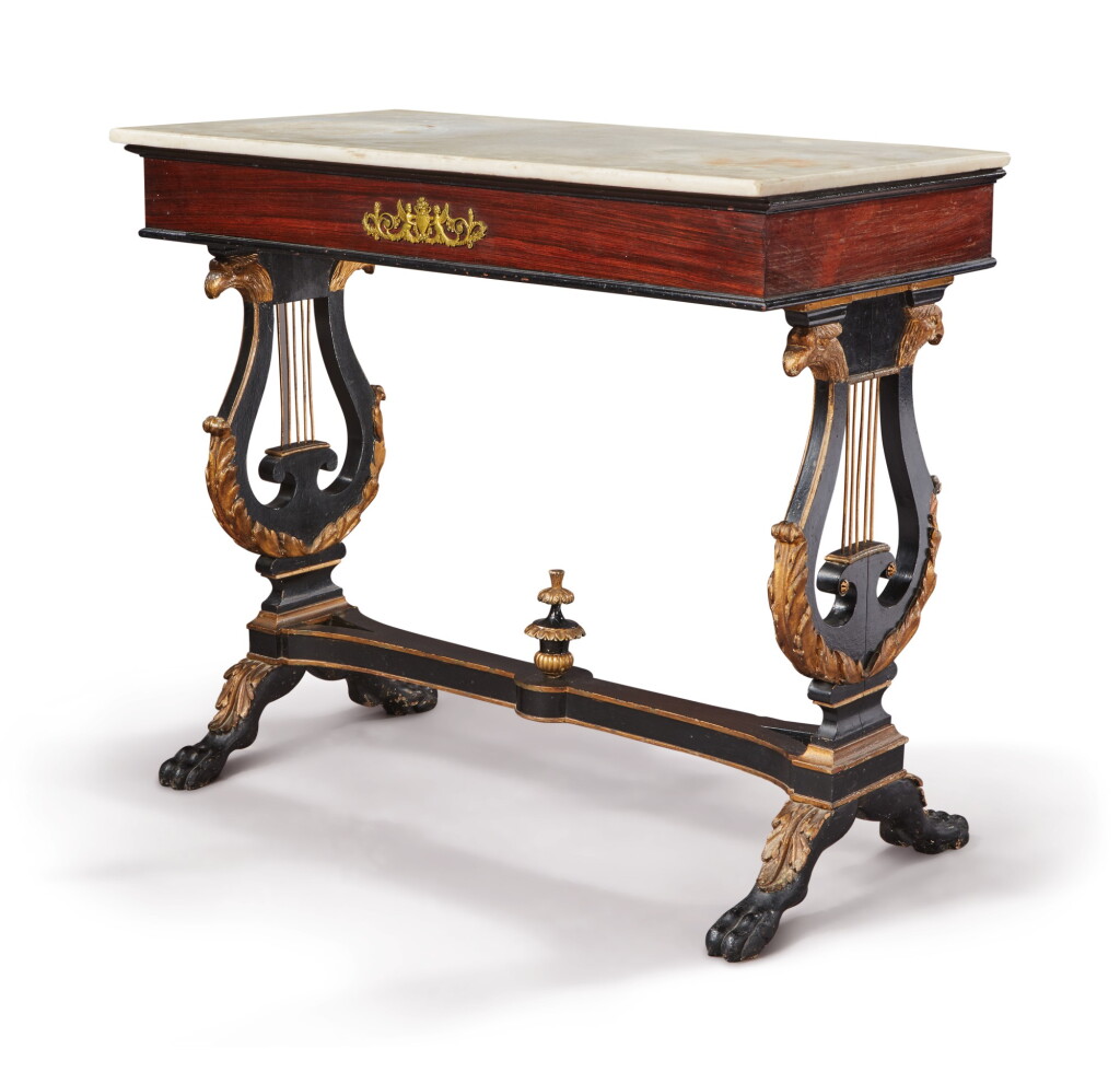 View full screen - View 1 of Lot 116. Important Classical Ormolu-Mounted, Parcel Gilt, Rosewood, Ebonized Wood and Marble-Top Pier Table, Labeled and Stamped by Charles-Honoré Lannuier (1779-1819), New York, circa 1808-1812.