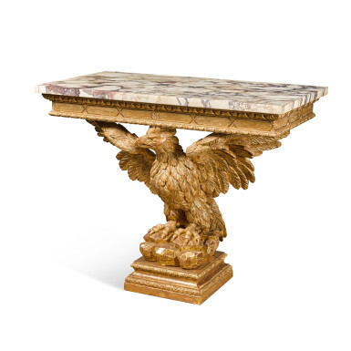 View full screen - View 1 of Lot 34. A George II carved giltwood eagle-form console table, circa 1740.