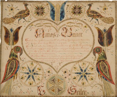 View full screen - View 1 of Lot 6. Very Fine and Rare Fraktur Birth and Baptismal Certificate of Amos Bauer, Christopher Seiler (d. 1822), Dauphin County, Pennsylvania, Dated 1807.