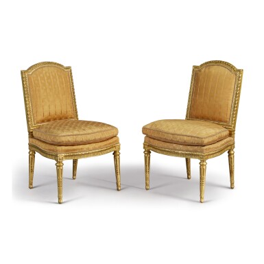 View full screen - View 1 of Lot 142. A PAIR OF LOUIS XVI CARVED GILTWOOD CHAISES À LA REINE BY POTHIER, CIRCA 1775.