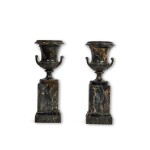 A Pair of Bronze Mounted Portor Marble Profile Urns together with Marble Pedestals and Plinths, 19th Century