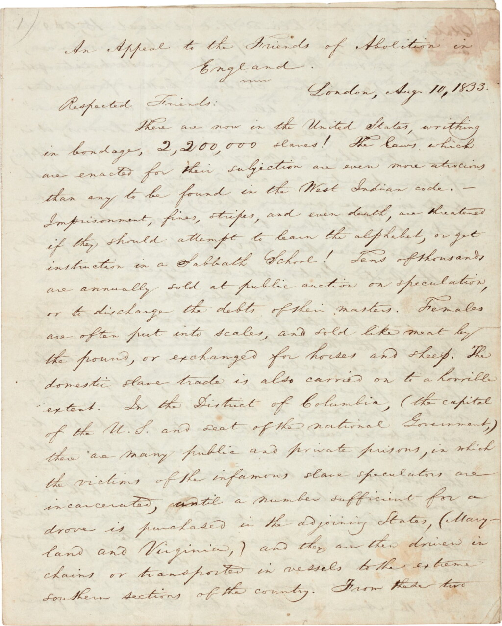 View full screen - View 1 of Lot 220. William Lloyd Garrison | Autograph manuscript "Appeal to the Friends of Abolition in England", 1833.