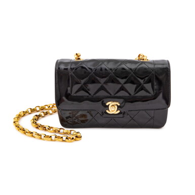 View full screen - View 1 of Lot 180. Black Quilted Patent Leather Bijoux Chain CC Mini Single Flap Gold Hardware, 1989-1991.