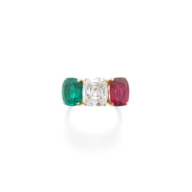 View full screen - View 1 of Lot 831. Emerald, ruby and diamond ring.
