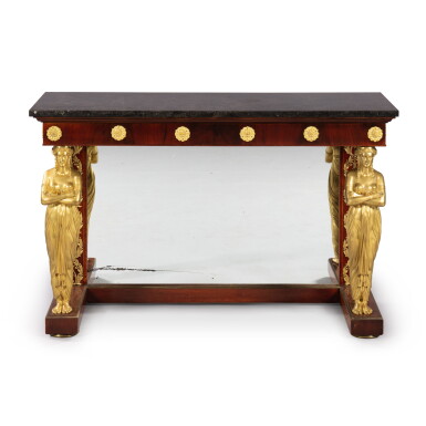 View full screen - View 1 of Lot 61. An Empire style gilt-bronze mounted mahogany veneered console | Console en acajou et placage d'acajou et monture de bronze doré de style Empire.