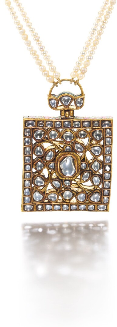 View full screen - View 1 of Lot 267. A DIAMOND-SET AND ENAMELLED AMULET PENDANT (TAWEEZ) WITH SEED PEARL STRING, NORTH INDIA, CIRCA 1900 .