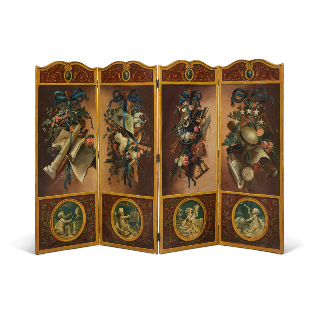 View full screen - View 1 of Lot 75. A Louis XVI Painted Canvas Four-Panel Screen, Probably Dutch, Circa 1770-75 .