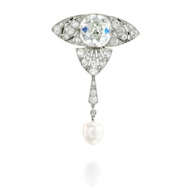 View full screen - View 1 of Lot 34. Natural pearl and diamond brooch, attributed to Boucheron, circa 1910.