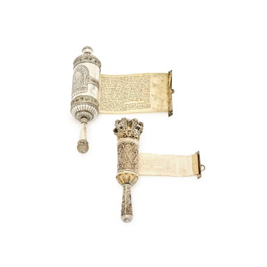 View full screen - View 1 of Lot 27. Two Bezalel Silver Miniature Esther Scroll Cases, Jerusalem, Circa 1920.