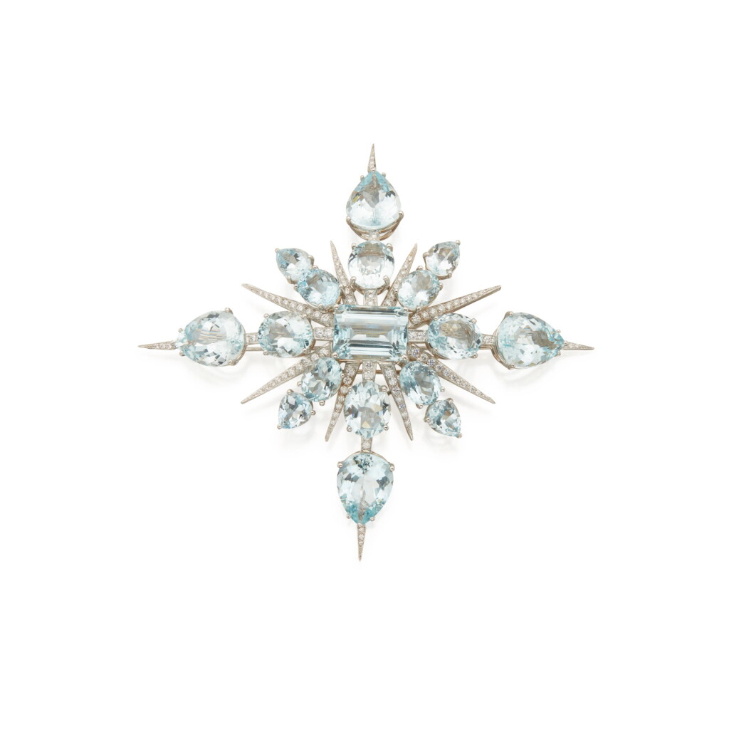View full screen - View 1 of Lot 339. Tony Duquette | Aquamarine and Diamond 'Star' Brooch.