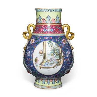 View full screen - View 1 of Lot 1035. A sgraffiato-ground famille-rose 'figural' vase, Republic period | 民國 藍地軋道粉彩開光高士圖如意耳尊 《大清嘉慶年製》仿款.