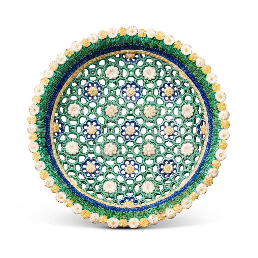 View full screen - View 1 of Lot 182. A Palissy-type pierced and moulded footed-dish "coupe ajourée", circa 1600.