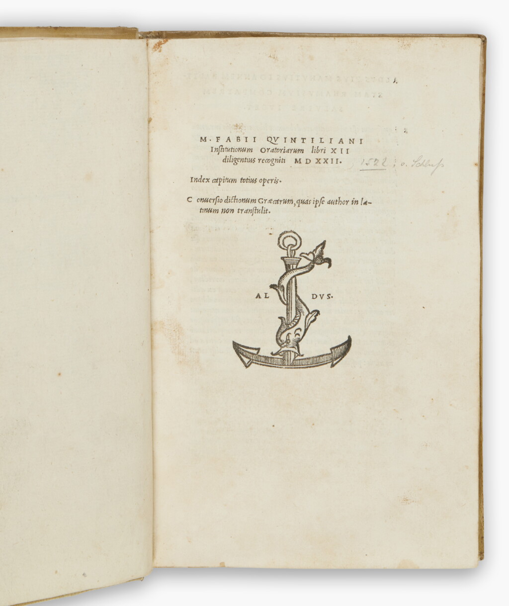 View full screen - View 1 of Lot 178. Quintilianus, Marcus Fabius | Aldine edition of the foundational Roman treatise on rhetoric.
