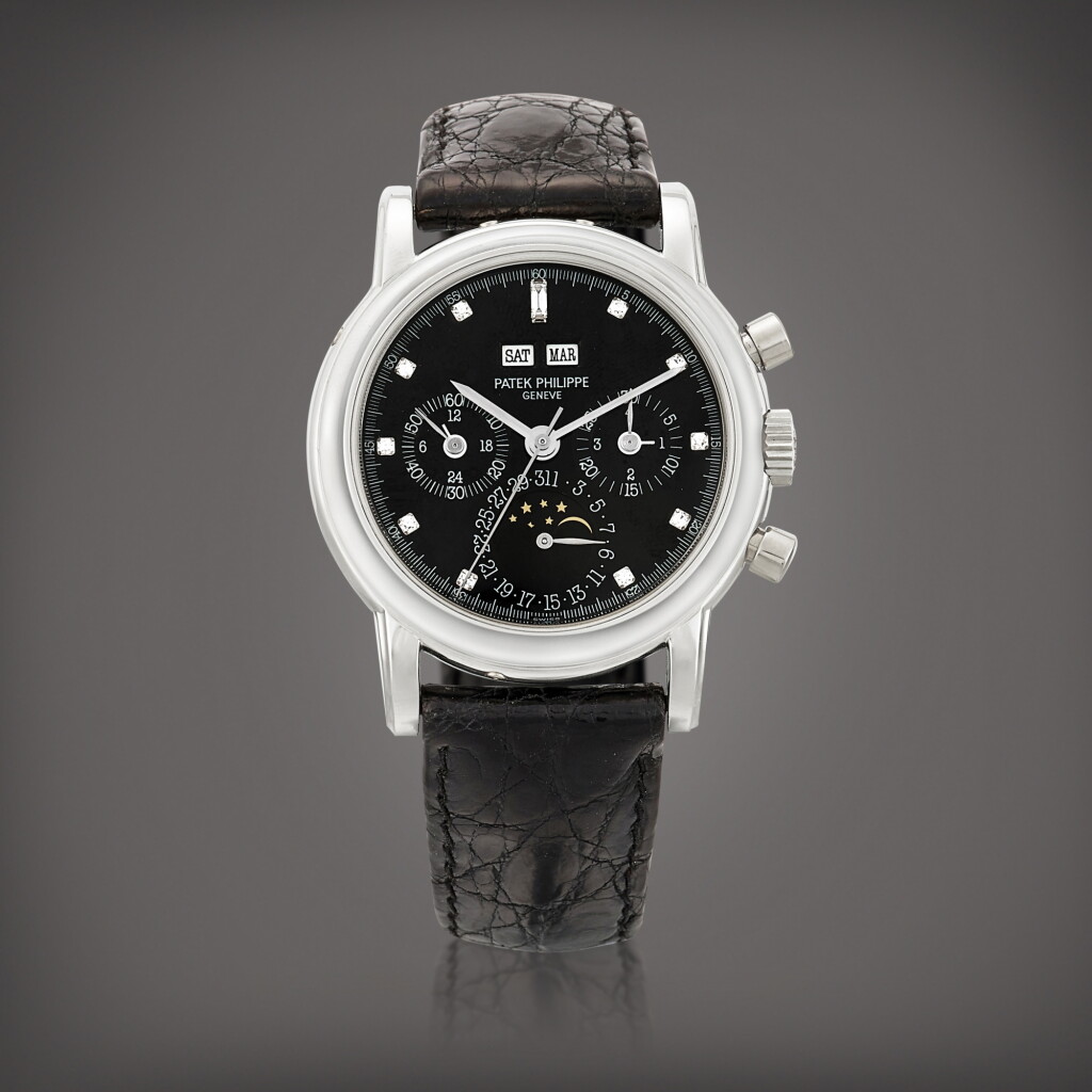 View full screen - View 1 of Lot 701. Reference 3970E | A platinum and diamond-set perpetual calendar chronograph wristwatch with moon phases, 24 hours and leap year indication, Circa 1995 | 百達翡麗 | 型號3970E | 鉑金鑲鑽石萬年曆計時腕錶,備月相、24小時及閏年顯示,約1995年製.