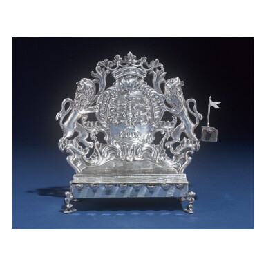 View full screen - View 1 of Lot 134. A SILVER HANUKAH LAMP, POSSIBLY GERMAN 18TH CENTURY, BEARING MARKS FOR RÖTGER HERFURTH, FRANKFURT.