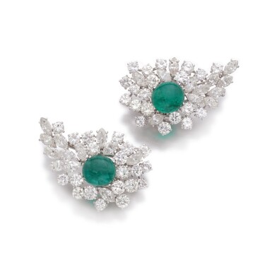 View full screen - View 1 of Lot 900. Pair of emerald and diamond ear clips.