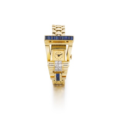 View full screen - View 1 of Lot 86. Regner | Montre de dame saphirs et diamants | Lady's sapphire and diamond bracelet watch.