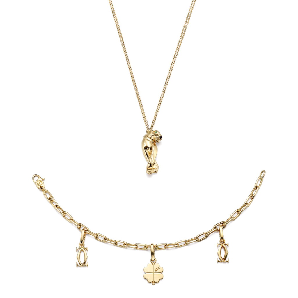 View full screen - View 1 of Lot 1708. CARTIER | 'PANTHÈRE' PENDENT NECKLACE; AND CHARM BRACELET.