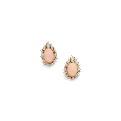View full screen - View 1 of Lot 112. PAIR OF CORAL AND DIAMOND EARCLIPS, BUCCELLATI.