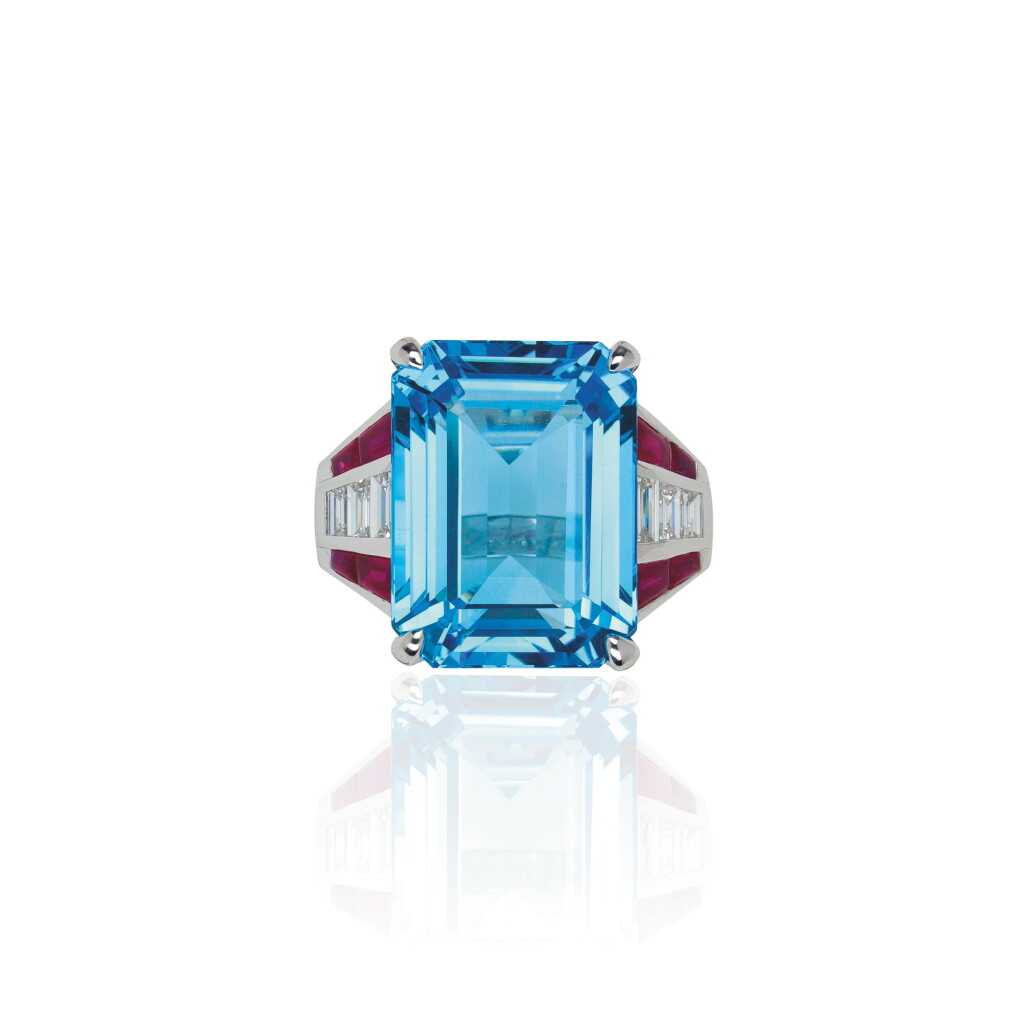 View full screen - View 1 of Lot 28. BLUE TOPAZ, RUBY AND DIAMOND RING, MICHELE DELLA VALLE.