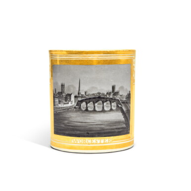 View full screen - View 1 of Lot 370. A Chamberlain Worcester Yellow-Ground Topographical Small Mug, Circa 1805.