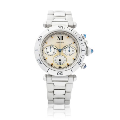 View full screen - View 1 of Lot 8100. Pasha de Cartier | A stainless steel chronograph wristwatch with date and bracelet, Circa 2000 | 卡地亞 | Pasha de Cartier | 精鋼計時鏈帶腕錶,備日期顯示,約2000年製.