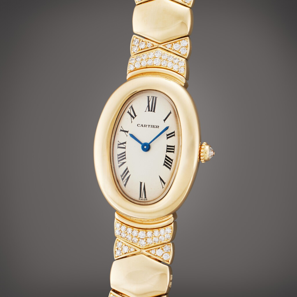 View full screen - View 1 of Lot 386. Reference 0735 Baignoire | A yellow gold and diamond-set wristwatch with bracelet, Circa 2000.