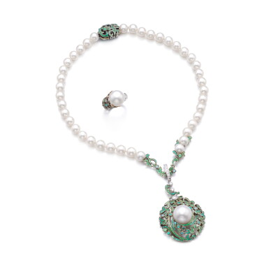 View full screen - View 1 of Lot 910. Cultured pearl, diamond and gem set demi-parure, 'Jardin d'hiver'.
