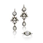 Pair of diamond pendant earrings and a diamond ring (Anello e orecchini pendenti in diamanti)