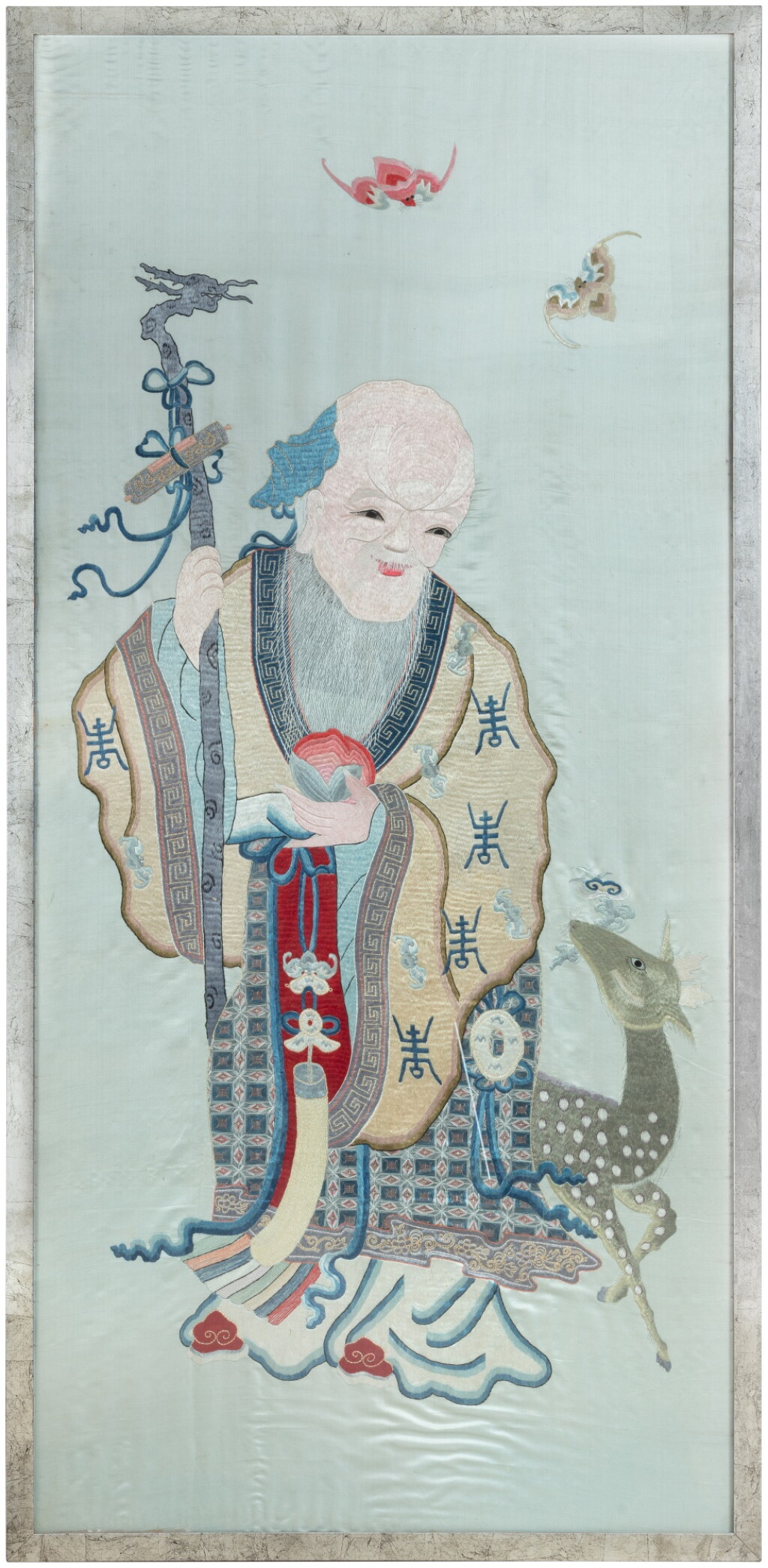 View full screen - View 1 of Lot 112. An embroidered 'immortals' silk panel, Qing dynasty, 19th century | 清十九世紀 絹繡壽老瑞鹿掛屏.