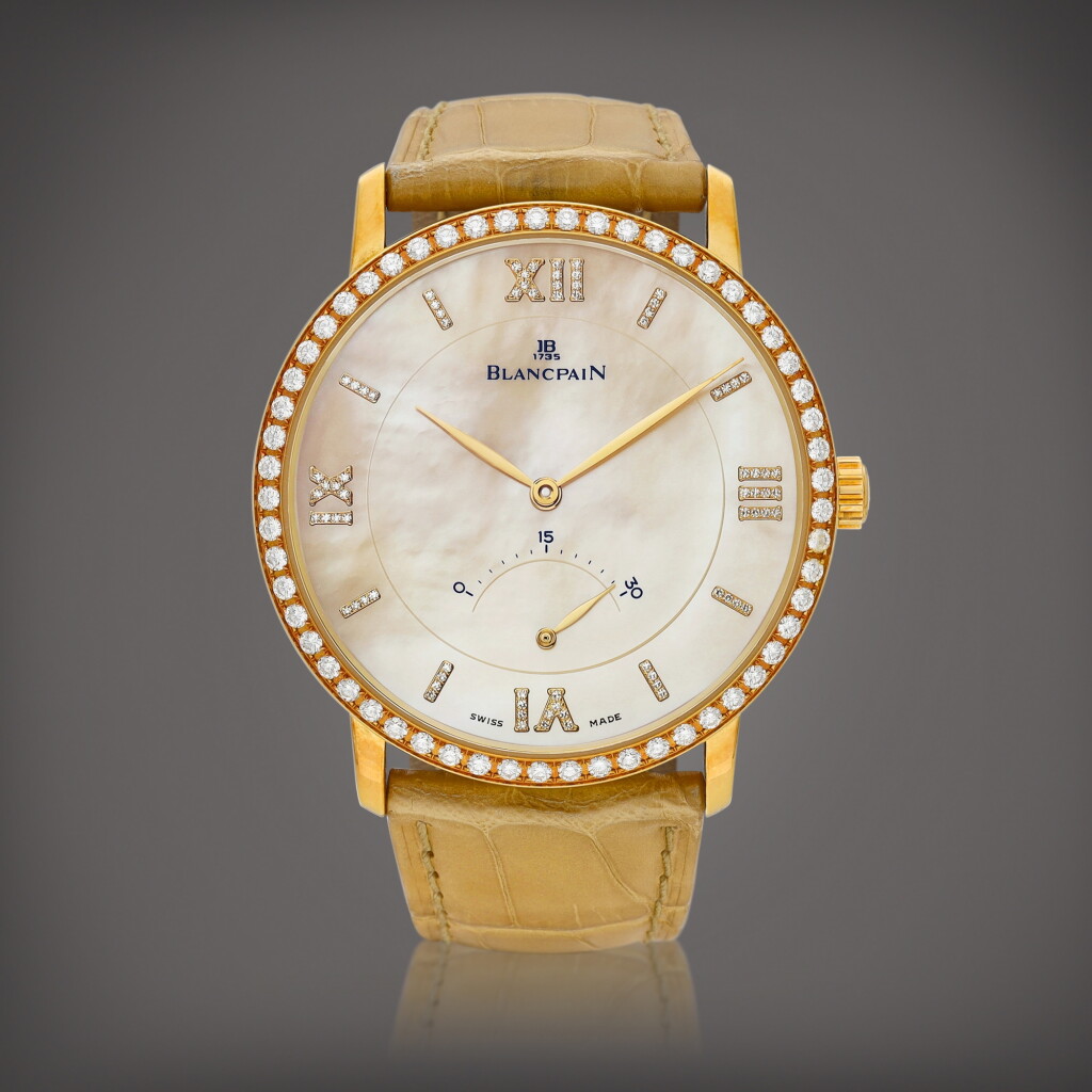 View full screen - View 1 of Lot 2239. Villeret | A yellow gold and diamond-set wristwatch with retrograde seconds and mother-of-pearl dial, Circa 2010 | 寶珀 | Villeret | 黃金鑲鑽石腕錶,備逆跳秒及珠母貝錶盤,約2010年製.