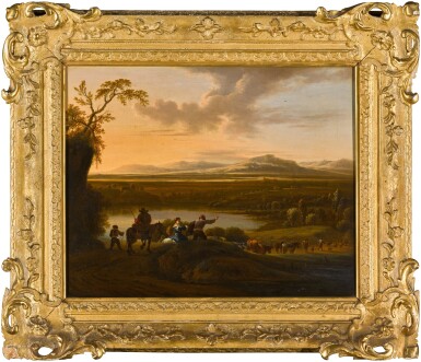 View full screen - View 1 of Lot 106. An extensive Italianate landscape with drovers and livestock on a path.