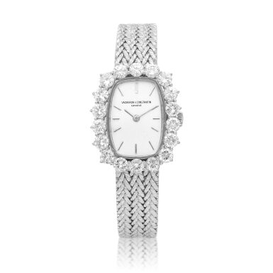 View full screen - View 1 of Lot 8879. A white gold and diamond-set bracelet watch, Circa 1970 | 江詩丹頓 | 白金鑲鑽石鏈帶腕錶,約1970年製.