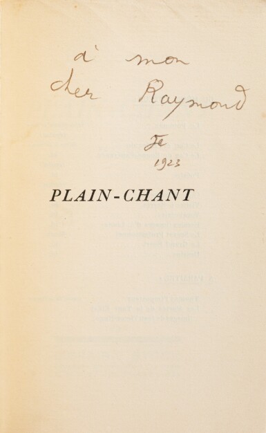 View full screen - View 1 of Lot 244. Plain-Chant. Poème. Paris, 1923. Rel de Fié. Ed. originale. Envoi à Raymond Radiguet,.