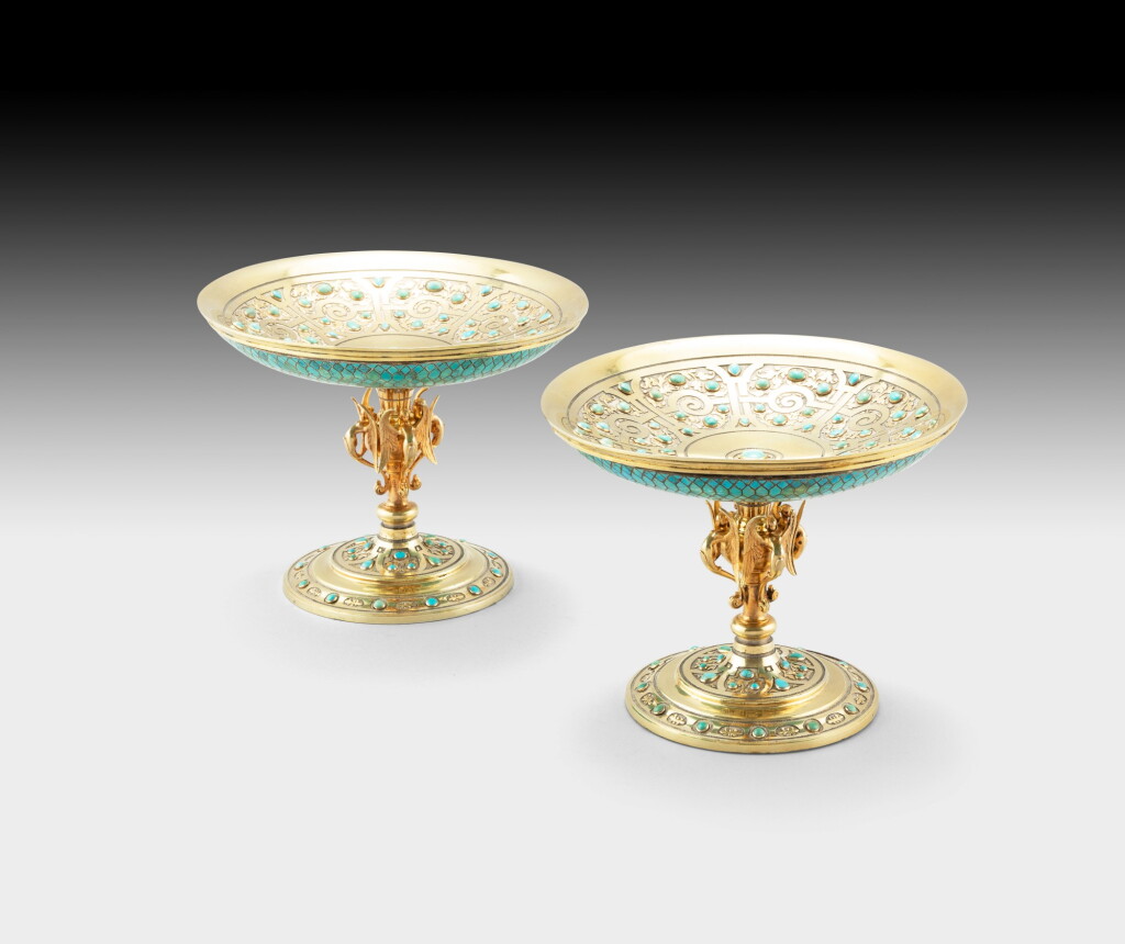 View full screen - View 1 of Lot 286. A pair of silver-gilt and turquoise cups, in the Froment-Meurice style, Paris, circa 1850, within fitted leather cases.